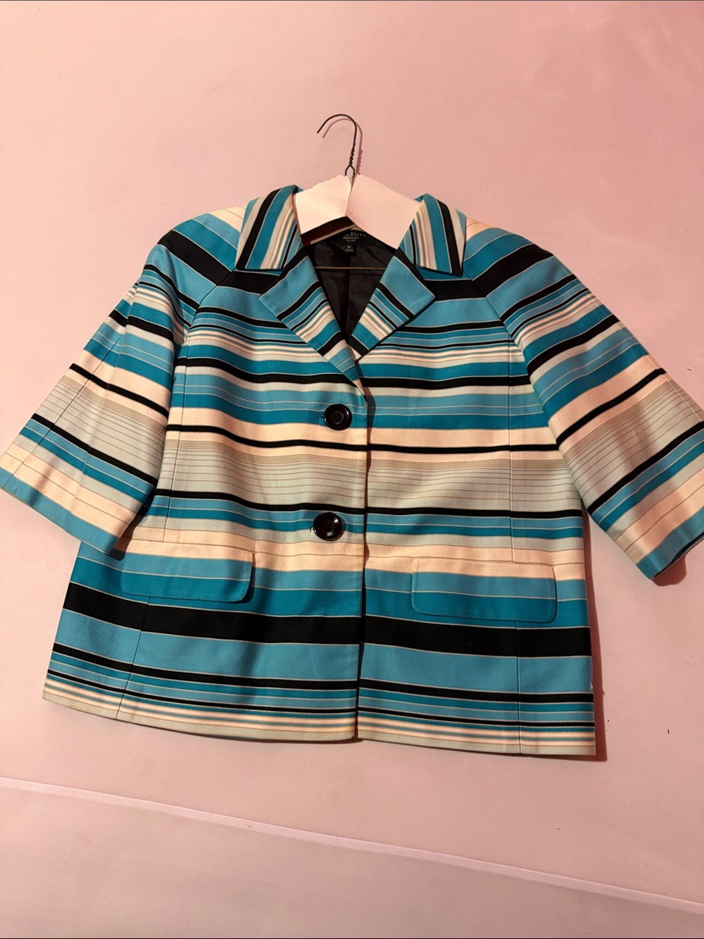 Talbots Teal, Black & Cream Striped Short Sleeve Blazer